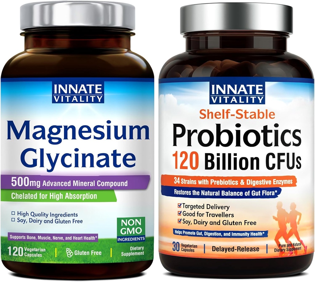 Innate Vitality Magnesium Glycinate & Probiotics 120 Billion Bundle, Non-GMO, No Gluten Dairy Soy & Vegan, Magnesium (120 Caps) & Probiotic (30 Caps)