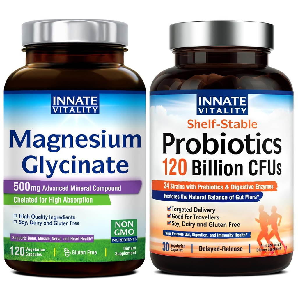 Vitalité innée Glycinate de magnésium et probiotiques 120 milliards Bundle, non-OGM, sans gluten Soy laitiers et végétalien, magnésium (120 capsules) et probiotique (30 capsules)