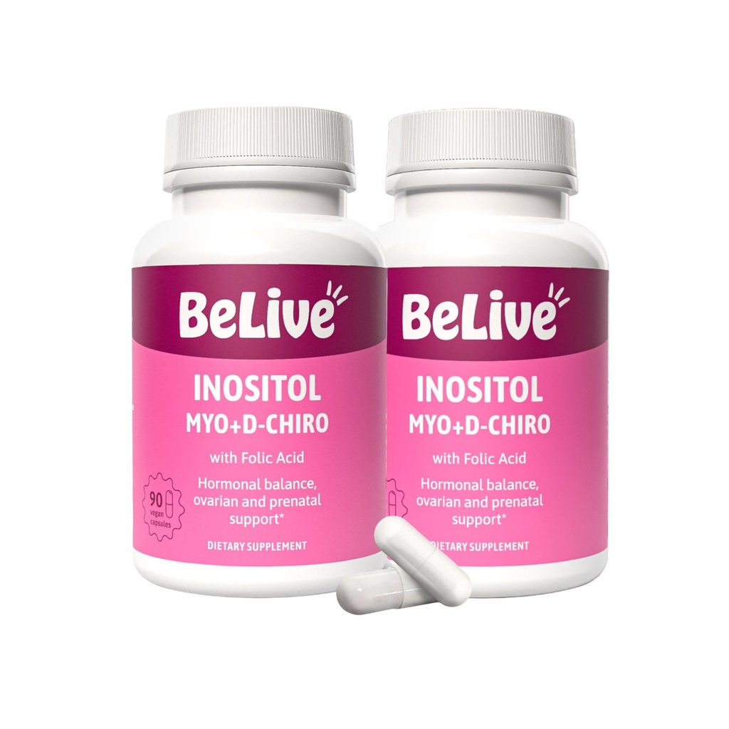 BeLive Myo-Inositol & D-Chiro Supplément Inositol – 2 Pack – 90 Capsules Chacun – 40:1 Rapport avec l'acide folique pour les femmes
