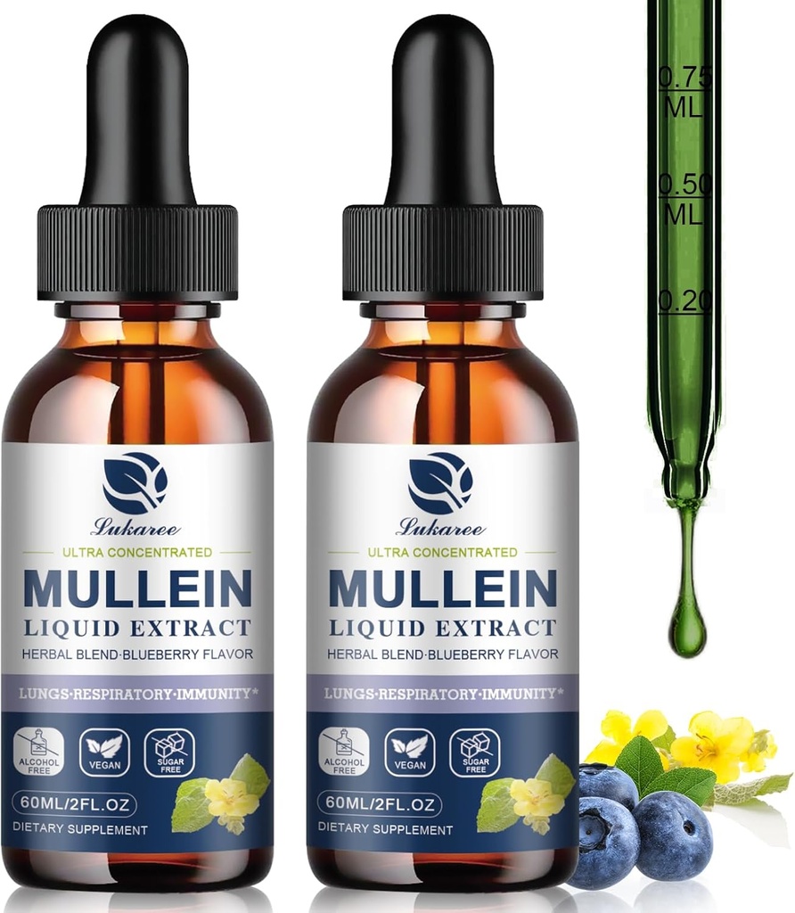 Gouttes de Mullein pour poumons, désintoxication pulmonaire et nettoyage, teinture d'extrait de feuille de Mullein végane avec fraise de chlorophylle, etc, supplément naturel à base de plantes pour les soins respiratoires, immunitaires, 60 portions