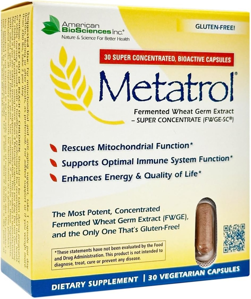 American BioSciences Métatrol Extrait fermenté de germe de blé - Immuni & Mitochondria Support pour la vitalité renouvelée et l'énergie améliorée - Sans gluten - 30 Capsules végétariennes, 41mg