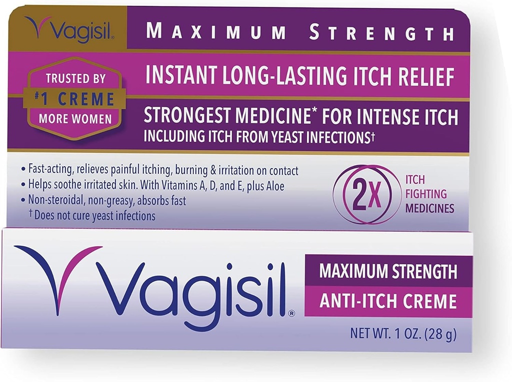 Vagisil Crème féminine anti-démangeaison avec benzène pour les femmes, aide à soulager l'irritation des levures, gynécologue testé, action rapide, apaisant et refroidit la peau, 1 oz