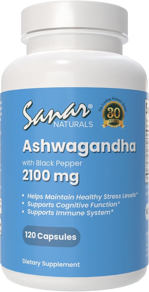 Sanar Naturals Ashwagandha 2 100 mg - Supplément de soutien au stress et à l'humeur - Promotion de l'énergie concentrée et soutenue, mélange de poudre et d'extrait de racine Ashwaghanda avec poivre noir - non-OGM, 120 capsules