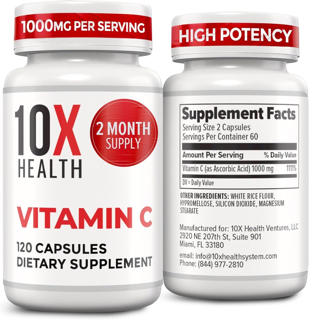 10X Santé Vitamine C 1000mg - 120 Capsules Vitamine C, Acide ascorbique à forte dose pour l'immunité, la protection antioxydante, le collagène et le soutien tissulaire pour les adultes - VitamineC 1000 mg - Non-OGM, sans gluten