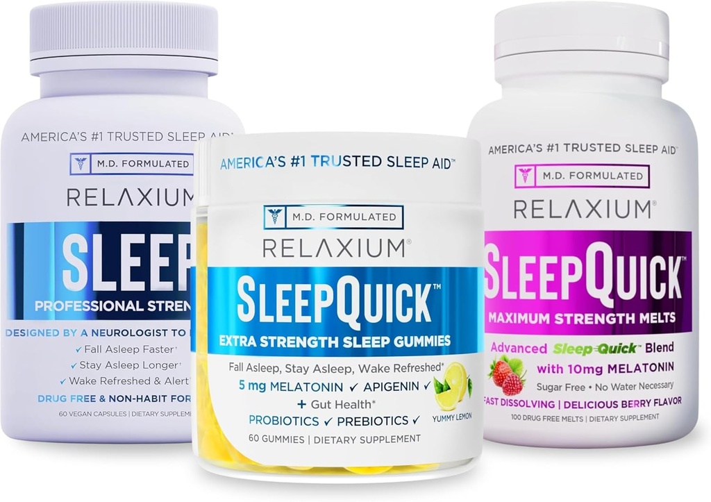 Sommeil Relaxium 60 Capsule+ Sleep Quick Melts + Gummies (Paquet Famille Sommeil)