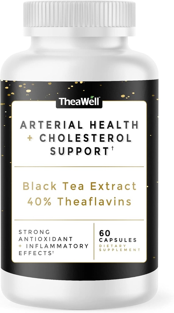 TheaWell santé artérielle naturelle + soutien au cholestérol - 60 comte, extrait de thé noir, théaflavines, non OGM, végétalien, et sans gluten