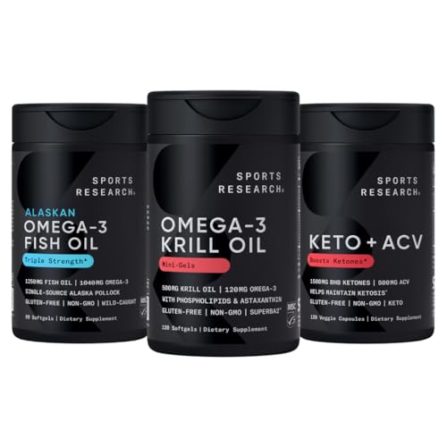 Recherche sportive Triple force Oméga-3 Huile de poisson, Huile de krill antarctique + Phospholipides, Choline & Astaxanthin Mini-Softgels, Keto Plus ACV 500mg de vinaigre de cidre de pomme et 1500mg goBHB Cétones exogènes