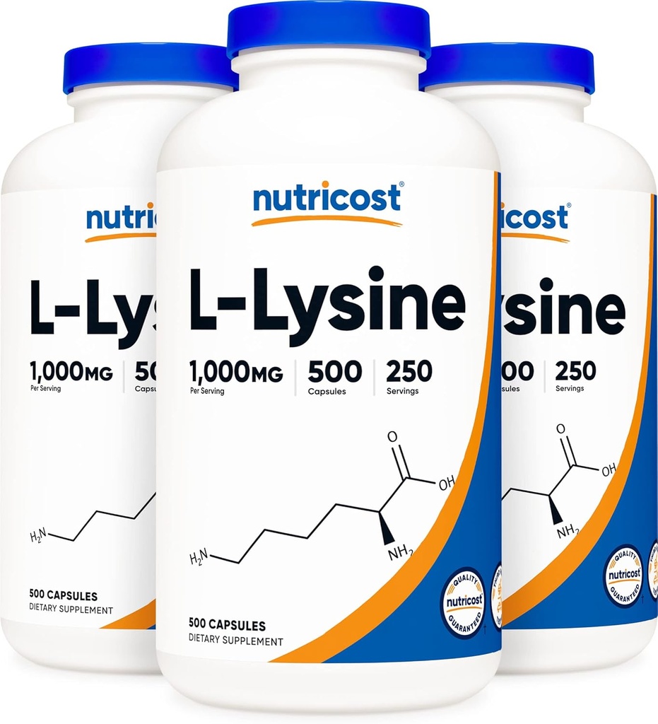 Nutricost L-Lysine 500mg (service de 1000mg), 500 Capsules (3 bouteilles)
