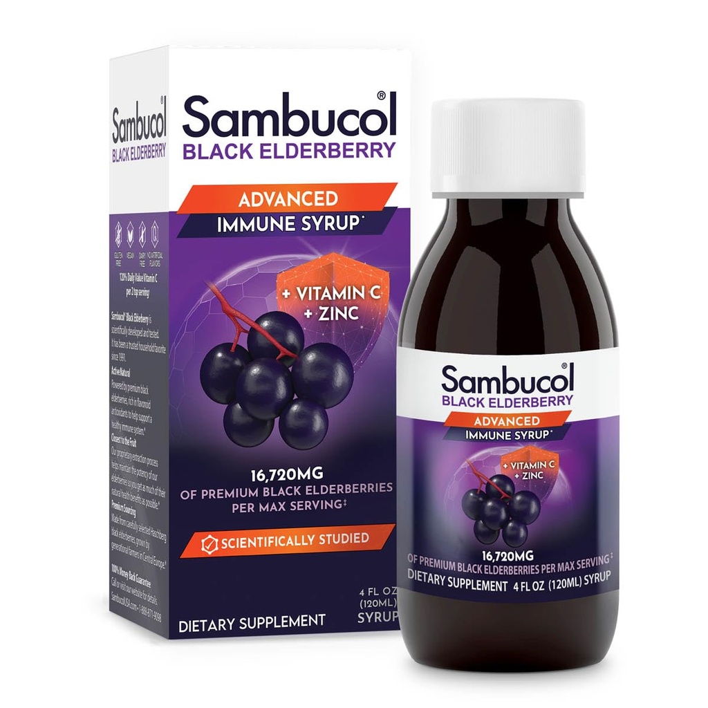Sambucol Advanced Black Elderberry Sirop - Elderberry with Zinc and Vitamine C for Adults, Sambucus Elderberry Sirop, Elderberry Liquide - 4 Fl Oz