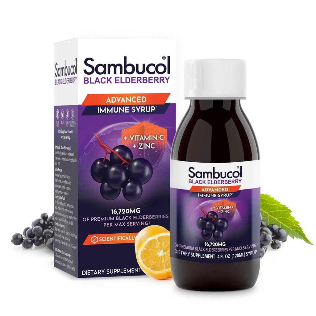 Sambucol Advanced Black Elderberry Sirop - Elderberry with Zinc and Vitamine C for Adults, Sambucus Elderberry Sirop, Elderberry Liquide - 4 Fl Oz
