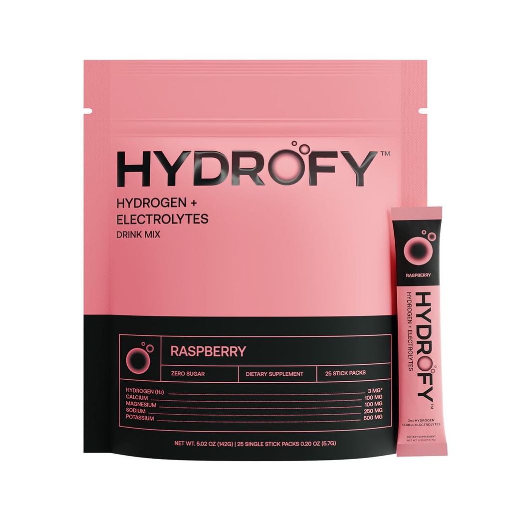 Hydrofy Hydrogen Water + Electrolytes Drink Mix | H2 Hydration Packets with Molecular Hydrogen, Sodium, Potassium, Magnesium, Calcium, and Minerals | No Sugar | Raspberry 25 Ct