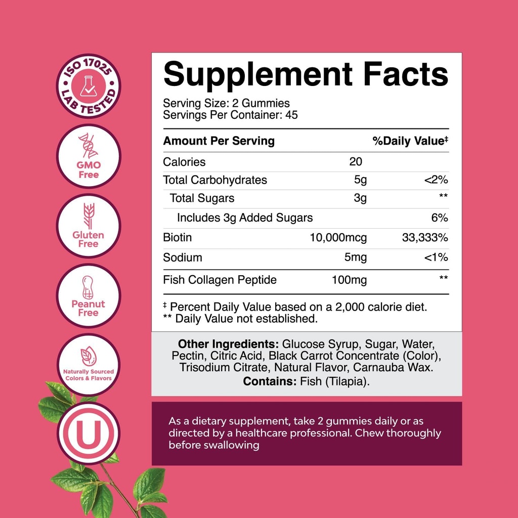 Peau de cheveux et ongles Gommies pour femmes - Biotine Extra Strength et collagène Gommies pour femmes Peau de cheveux Soutien des ongles - Non-OGM Casher Marine Collagen Biotin 10000mcg par portion (45 jours)