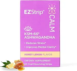 Calme – KSM-66 Ashwagandha Bandes orales. Supplément sur le stress et le stress. Chérie Lemon Flavor. Sans sucre, sans gluten, sans allergène, sans OGM. Fabriqué aux États-Unis dans un établissement agréé par la FDA. 60 Pk