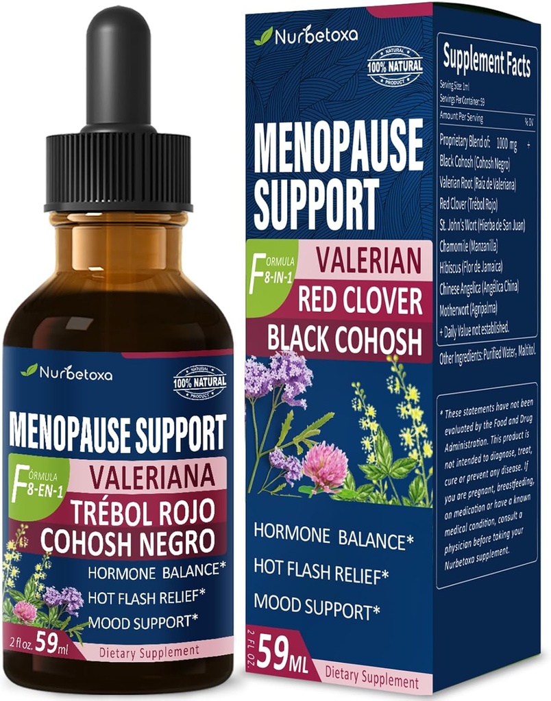 Black Cohosh Ménopause Soutien gouttes, suppléments de phytoestrogène W/Red Clover, Motherwort & St. John's Wort Extract pour les flashs chauds, les sueurs nocturnes et le confort. Cimicifuga para Menopausia. 2oz
