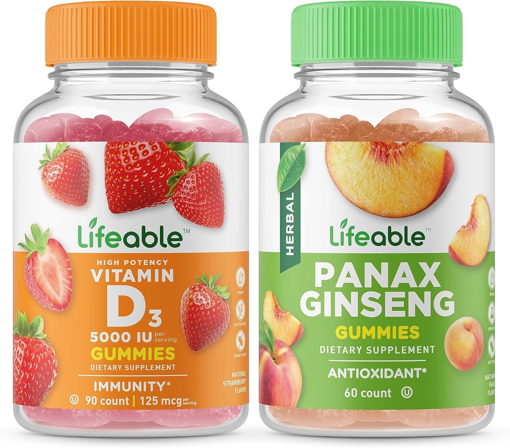 Vitamine vivante D 5000 UI + Ginseng panax, Gommies - Grande dégustation, supplément de vitamine, sans gluten, sans OGM, gommy à croquer