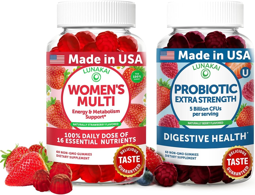 Lunakai USA Made Womens Multivitamin & Probiotic Gummies Bundle – 16 Multi Vitamins & Probiotic for Digestion Support – 60ct Each