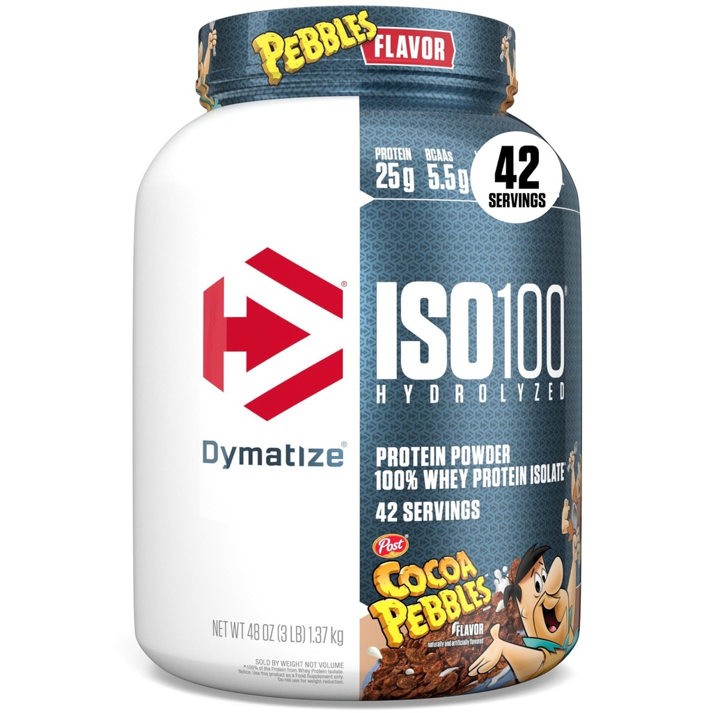 Dymatiser x Cocao Pebbles ISO100 Whey Protéine poudre isolate, 25g de protéines, 5,5g BCAAs, 120 Cal., sans gluten, 1g de gras, 1g de sucre, 2g de glucides (42 portions)