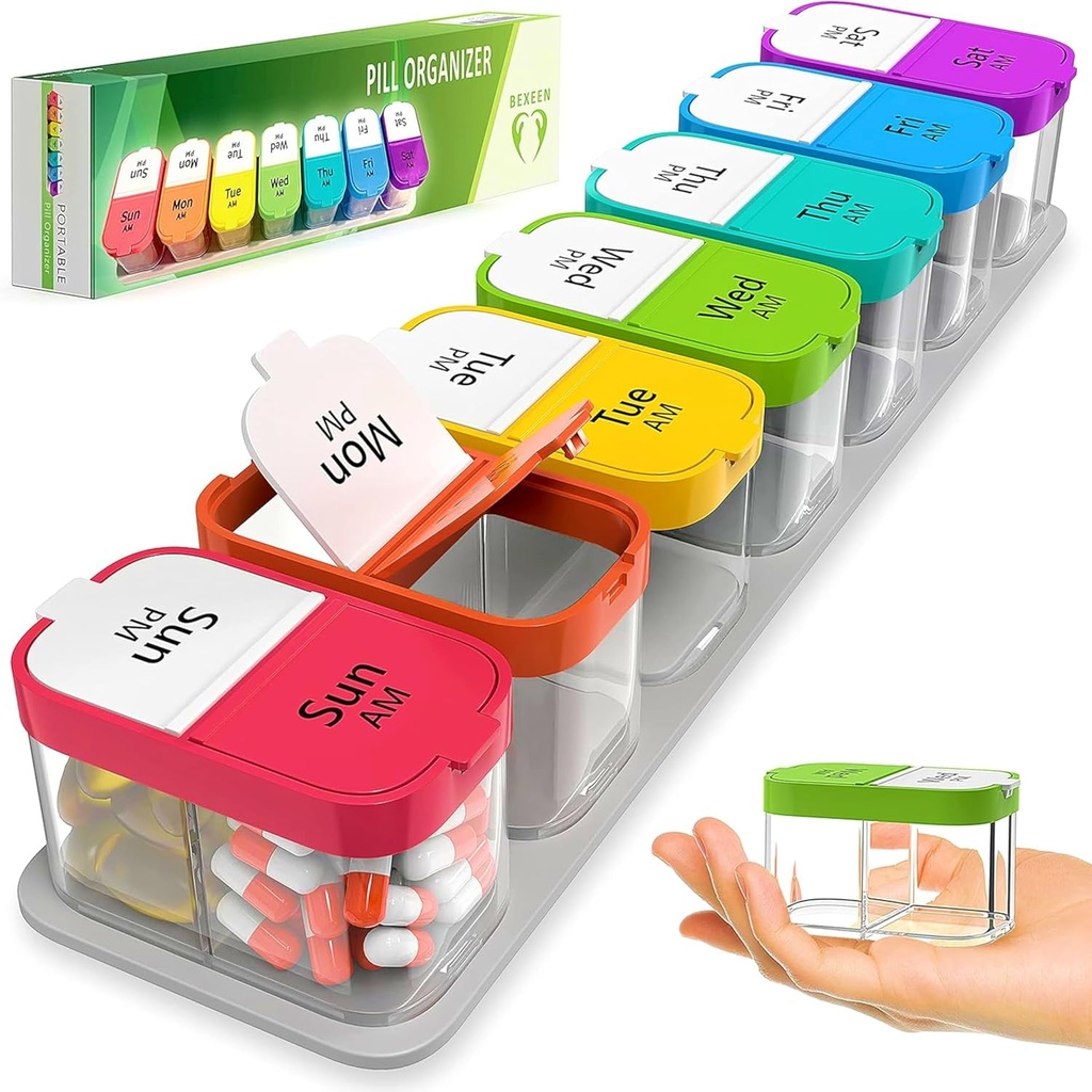 Très grand organisateur hebdomadaire de pilule - XL Vitamine Holder avec 7 compartiments de PM amovibles - Distributeur de médicaments portables pour la maison et le voyage, grand contenant de supplément pour usage hebdomadaire ou quotidien, Rainbow