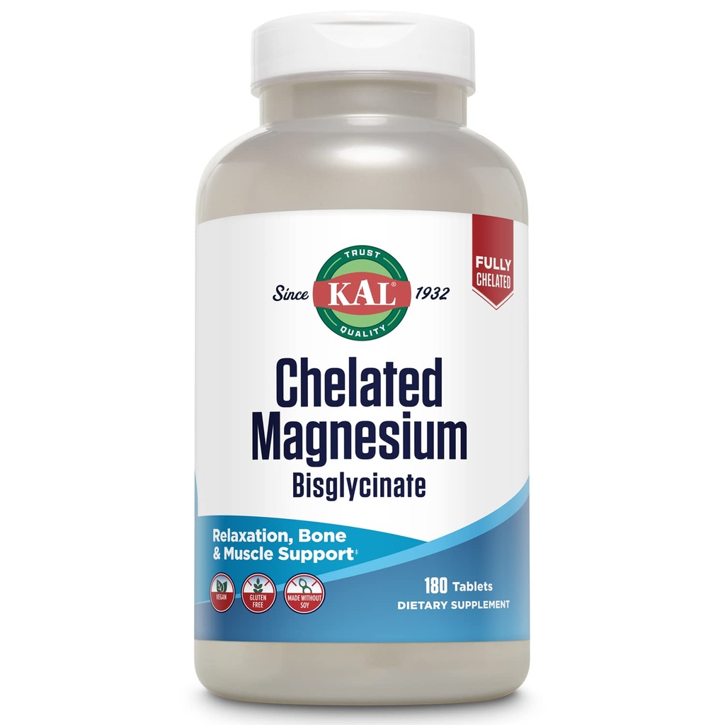 KAL Bisglycinate de magnésium chélaté, supplément de magnésium pour la relaxation, la santé des os, le soutien de la fonction nerveuse et musculaire*, haute absorption, digestion douce, végétalien, sans gluten, 60 portions, 180 comprimés