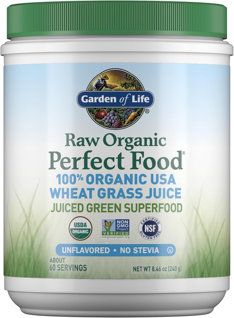 Garden of Life Raw Organic Perfect Food 100% Organic USA Wheat Grass Juice - Juiced Green Superfood Greens Powder, 60 Servings - Stevia-Free, Non-GMO, Vegan, Gluten Free Whole Food Dietary Supplement