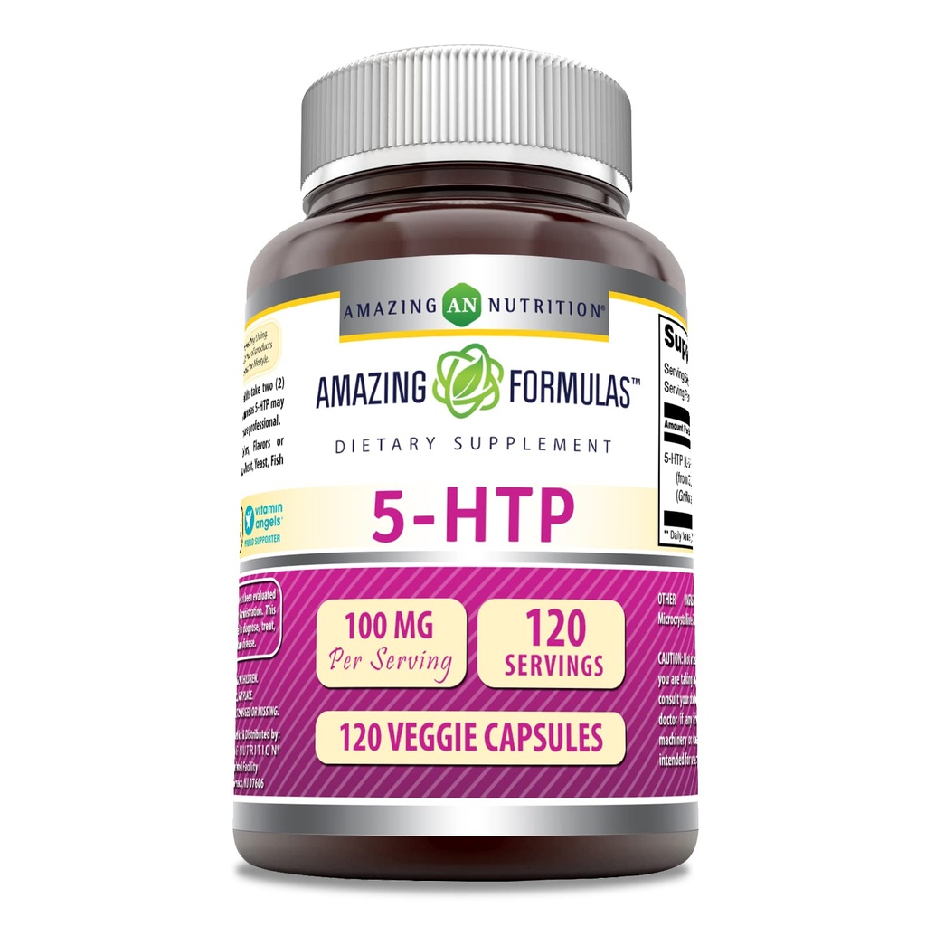 Formules étonnantes 5-HTP (Hydroxytryptophane) Supplément $ 100 Mg par portion $ Capsules de légumes $ Non-GMO $ Sans gluten $ Fabriqué aux États-Unis (1 Pack, 120 Compte)