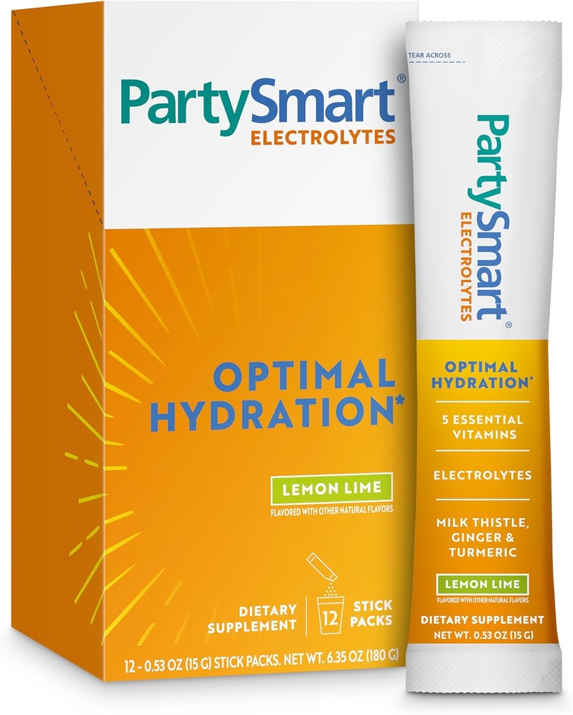 Himalaya PartySmart Lemon Lime Electrolytes Powder Packets, 12 Count, Support Hydration, Rehydrate with Sodium & Potassium, Vitamin C & more, Antioxidant Recovery Blend Milk Thistle, Ginger & Turmeric