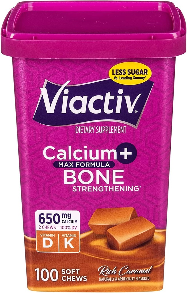 Viactiv Max Formula Calcium + Vitamine D3 Supplément pour la santé des os, Rich Caramel, 100 Chews Soft - 6 Pack