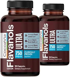 CocaaVia Memory+ Supplément Cerveau, 60 jours, 750 mg Cocaa Flavanols, Mémoire et Booster Cerveau, Vegan, à base végétale,180 capsules