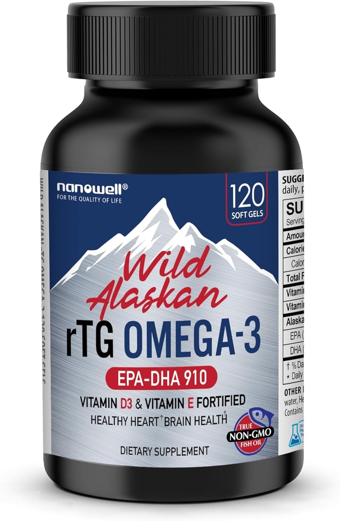 NANOWELL Wild Alaskan rTG Omega-3 Huile de poisson 1196mg - EPA, DHA, Vitamine D3 & E - 120 Softgels, 60 jours