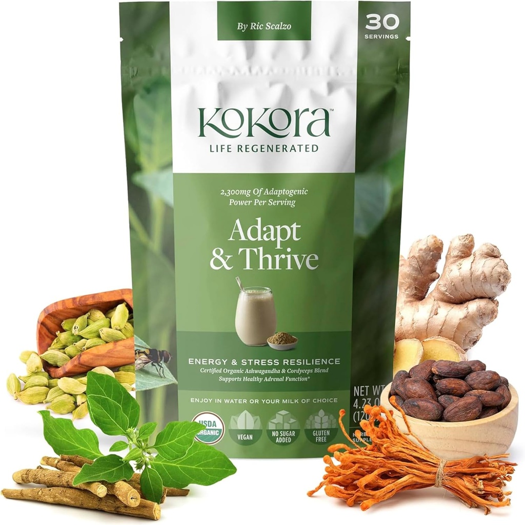 Adapter & Thrive - Énergie et résistance au stress, mélange d'Ashwagandha et de Cordyceps biologiques pour soutenir une fonction adrénale saine