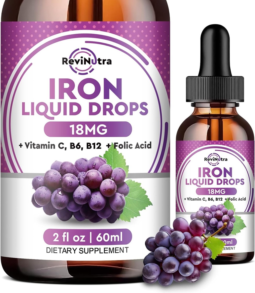 Liquid Iron Supplement for Women, Men & Kids - Liquid Iron Drops with Folate, Vitamin C, B6, B12 for Anemia, Red Blood Cell, Energy Support - Grape Flavor, 2 Fl Oz