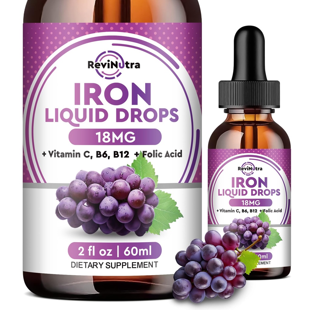 Supplément en fer liquide pour les femmes, les hommes et les enfants - gouttes de fer liquide avec folate, vitamine C, B6, B12 pour l'anémie, globule rouge, soutien énergétique - Arôme de raisin, 2 Fl Oz