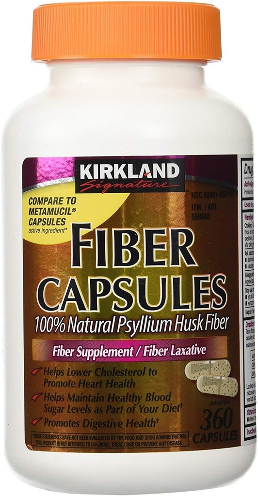 Fiber Capsules Kirkland Therapy for Regularity/Fiber Supplement, 360 gélules - Comparer avec l'ingrédient actif dans les capsules de Métamucil