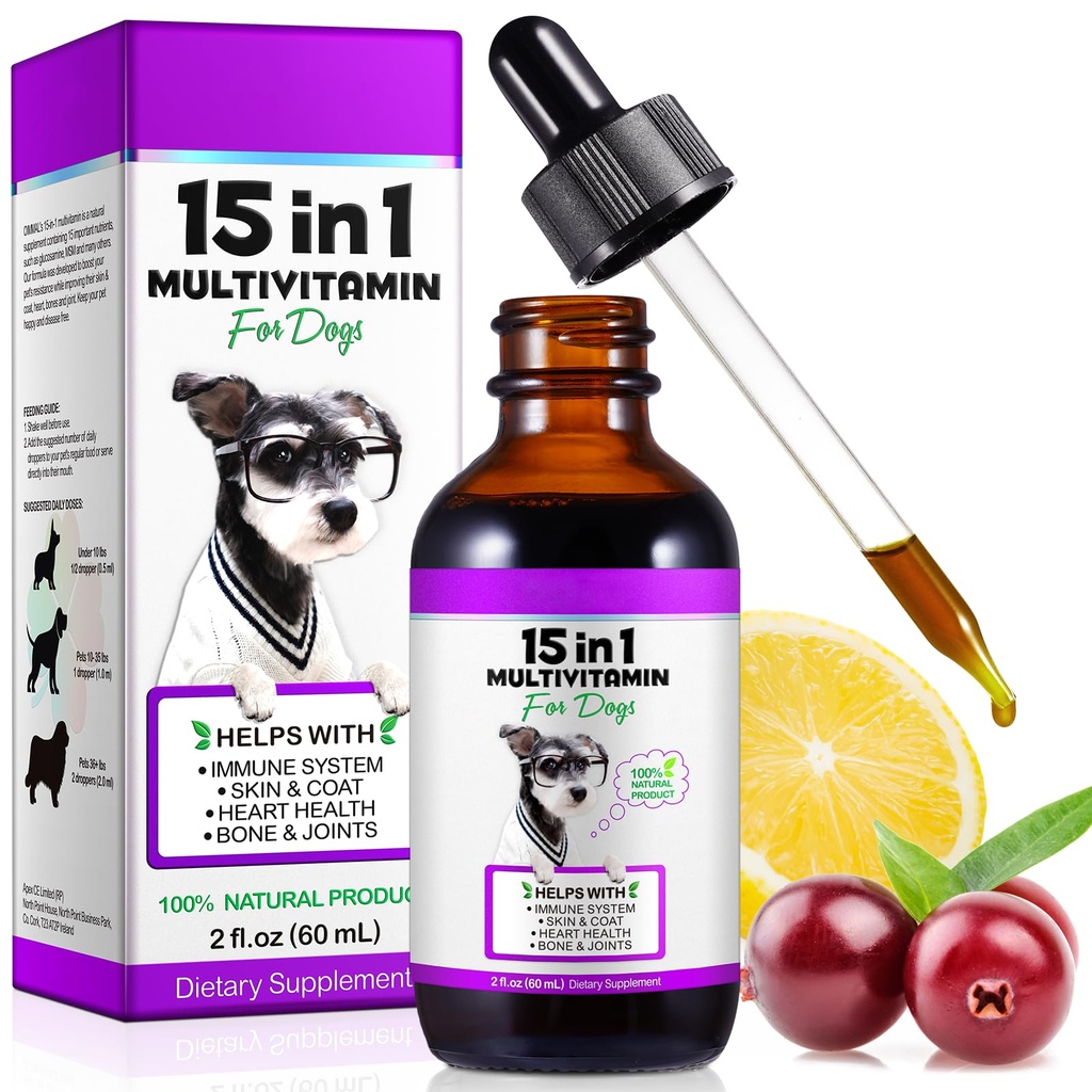 Multivitamine de chien, 15 en 1 gouttes liquides Multivitamine de chien suppléments, Vitamines de chien pour la santé cardiaque, os, articulaire, peau et manteau, Bladder, système immunitaire soutien 60ml