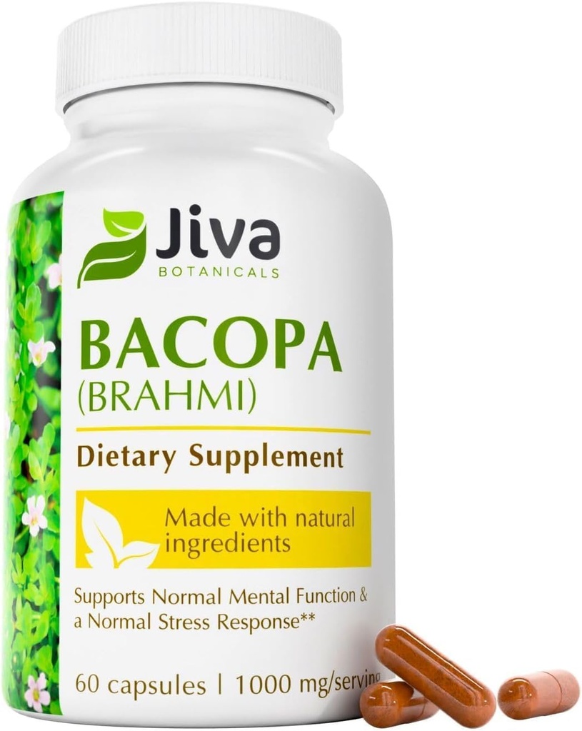 Jiva Botanicals Bacopa Monnieri Supplement Pure 1000mg per Serving - High Potency Bacopa Monnieri (Brahmi) & Extract for Normal Brain, Focus, & Memory Support - Ayurvedic Herbs - 60 Capsules