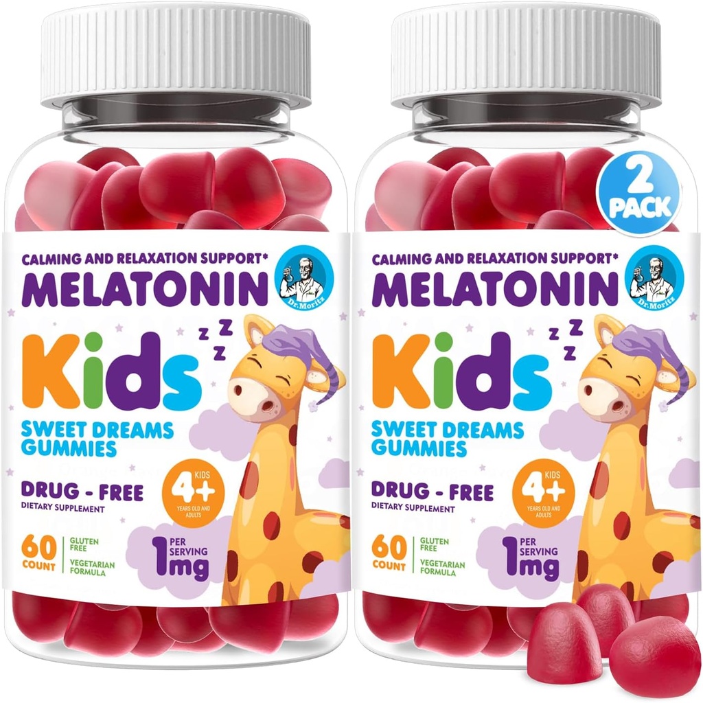 DR. MORITZ Melatonin pour enfants, suppléments végétaliens d'aide au sommeil avec faible sucre, adultes et enfants Melatonin Gommies avec goût de fraise, pour les 4+ ans, 60 comtes