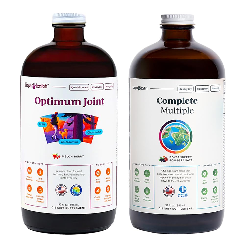 LIQUIDHEALTH Optimum Combinaison Glucosamine Chondroïtine Supplément et ensemble multivitamine quotidien complet pour les hommes et les femmes - Soutien immunitaire, santé des articulations osseuses, aliments entiers - USA Made, Vegan, Non-OGM