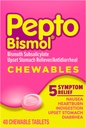 Comprimés à mâcher Pepto Bismol pour Nausées, Brûlures d'estomac, Indigestion, Stomac relevé et Diarrhée - 5 Symptômes de soulagement rapide, Arôme original, 48 ct