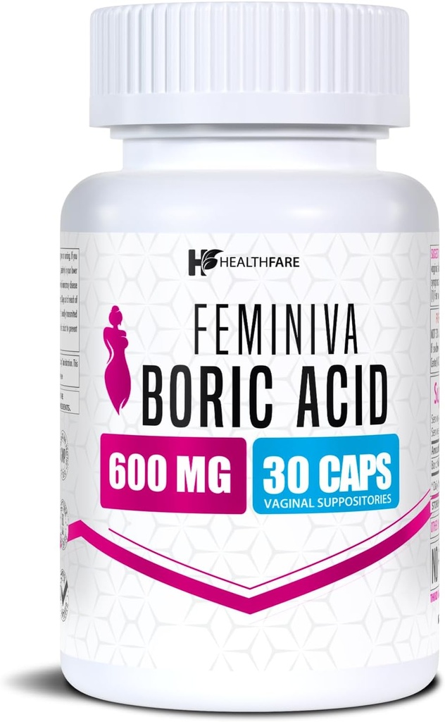 Healthfare Feminiva Boric Acid Vaginal Suppositories | 30 Count | 600mg | Intimate Health Support | 100% Pure | Made in USA