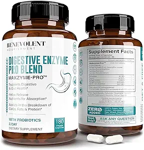 Supplément aux enzymes digestives haute fibre - 180 Capsules, Proprietaire 2500HUT Makzyme-Pro Blend Probiotics Plus Papaya, Bromelain, Extraits Multi Naturels pour Digestion saine et Réduction de Bloatation
