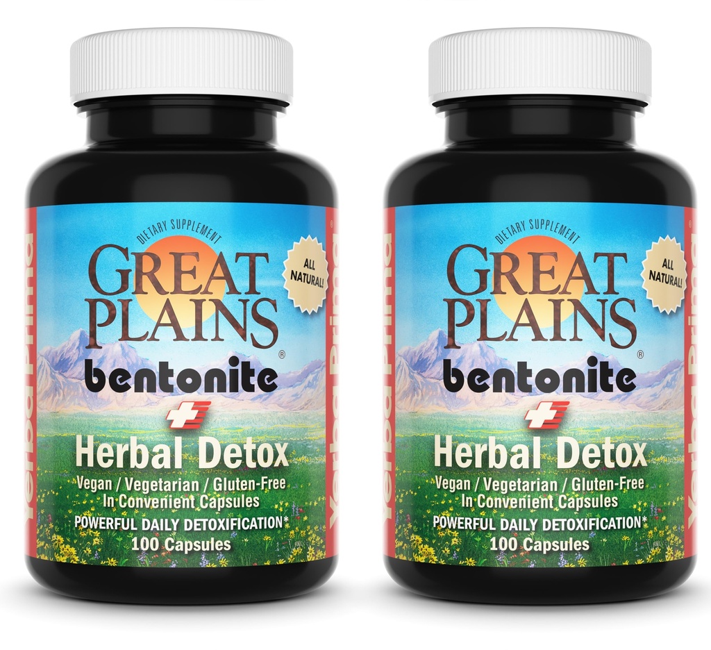 Yerba Prima Great Plains Clay Caps Bentonite Plus Detox Herbal (paquet de 2) - Classe alimentaire - Capsules de supplément de nettoyage du foie et du colon