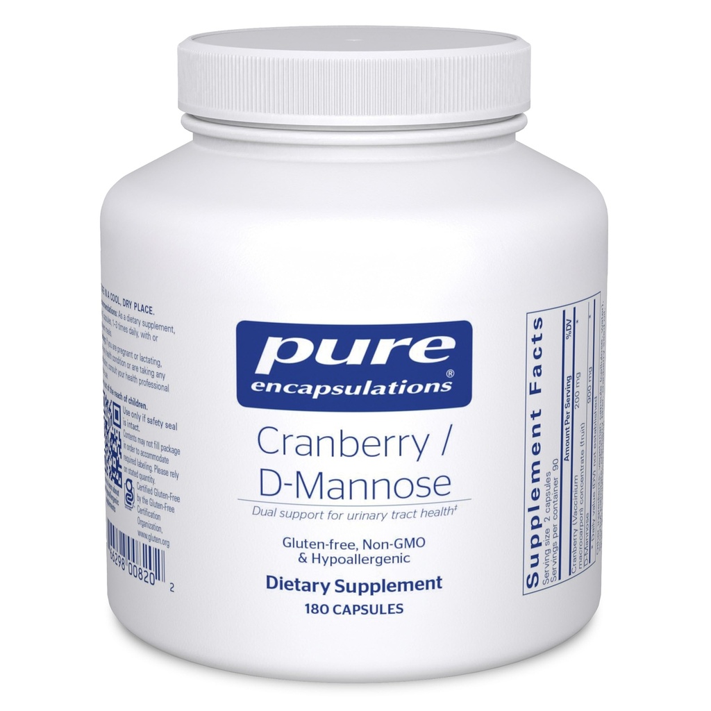 Encapsulations pures Cranberry D-Mannose - Soutient la santé du trac urinaire* - avec les solides de fruits de canneberge - Vegan & Supplément alimentaire non-OGM - 180 capsules