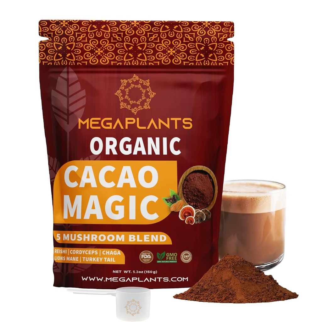 MegaPlants Cacao Magic (50 Servings) | Superfood 5 Mushroom Blend | Lions Mane, Reishi, Chaga, Cordyceps, Turkey Tail | Smoothie, Hot Chocolate, Coffee Alternative