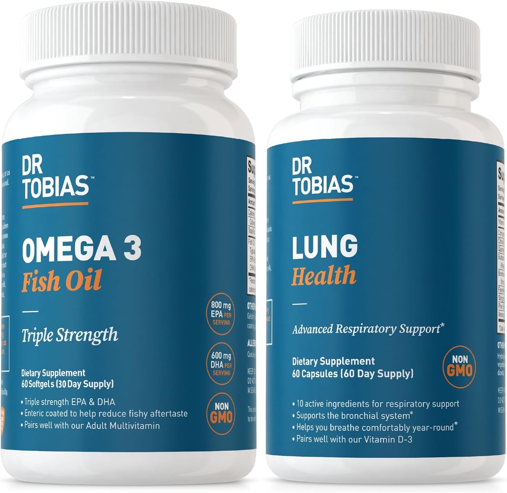 Dr Tobias Omega 3 Huile de poisson et suppléments de santé pulmonaire pour le coeur, le cerveau et l'immunité, le nettoyage pulmonaire et la formule de désintoxication pour le système bronchial et respiratoire, 60 capsules