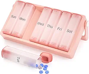Organisateur hebdomadaire de pilules 2 fois par jour, KOVIUU Grande boîte à pilules 7 jours, Am Pm deux fois par jour cas de pilules avec poignée rotative, contenant de support de pilule pour la vitamine, médecine, supplément, huile de poisson, rose