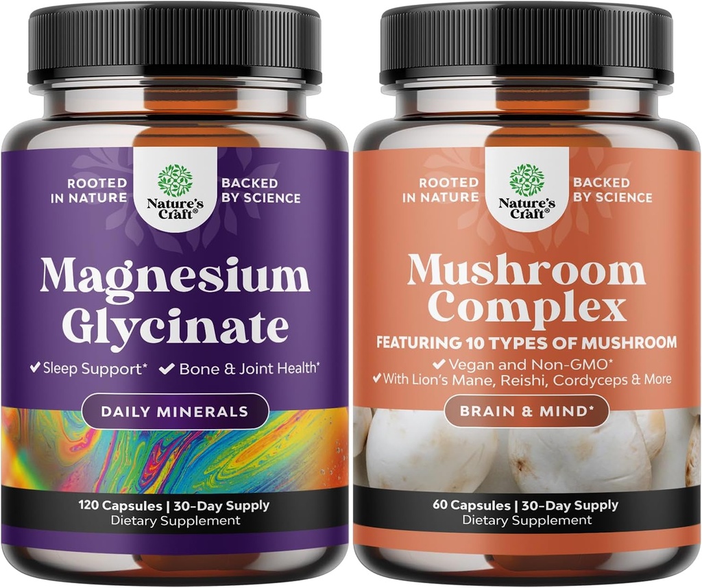 Ensemble de Glycinate de magnésium Capsules Minéral et Nootropic Cerveau Concentré Champignon - Immune Soutien Bone Health Mood Support - Mélange de champignons 10X pour équilibre sucre et concentration mentale