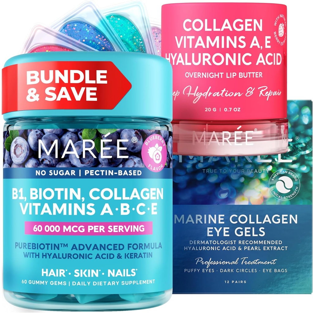 Bouteille MAREE - Vitamine B1 Gommies de Thiamine, Masque à lèvres, Gels sous les yeux - Vitamines A, E, D, C - Collagène et acide hyaluronique - Complexe pour la peau, les ongles, les cheveux - Masque pour lèvres sèches - Gels pour yeux puants