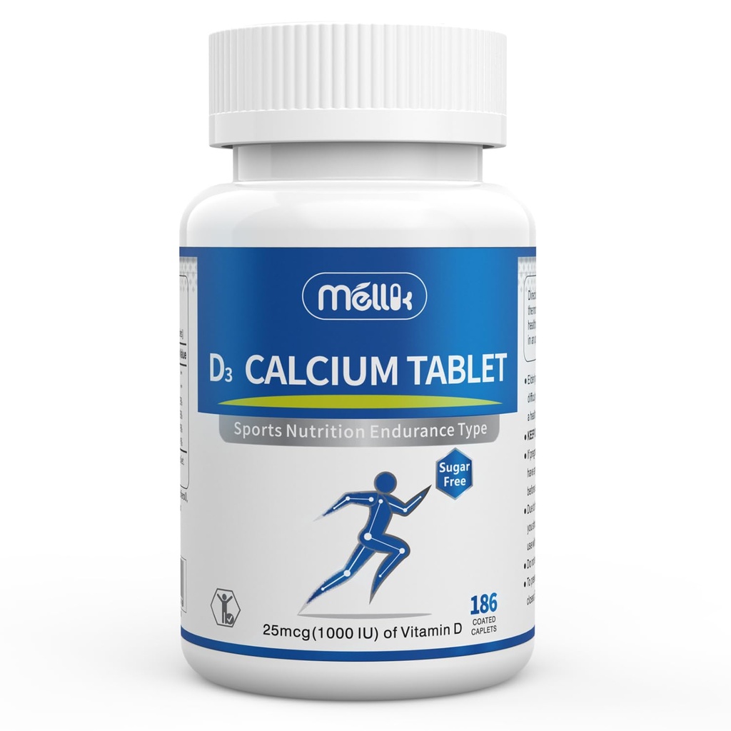 Supplément de calcium Vitamine-D3 1200 mg Magnésium-Mini - 186Tablettes Non aromatisées à libération lente Bone Santé Femmes et Hommes Supplément diététique Facile à avaler Sans sucre