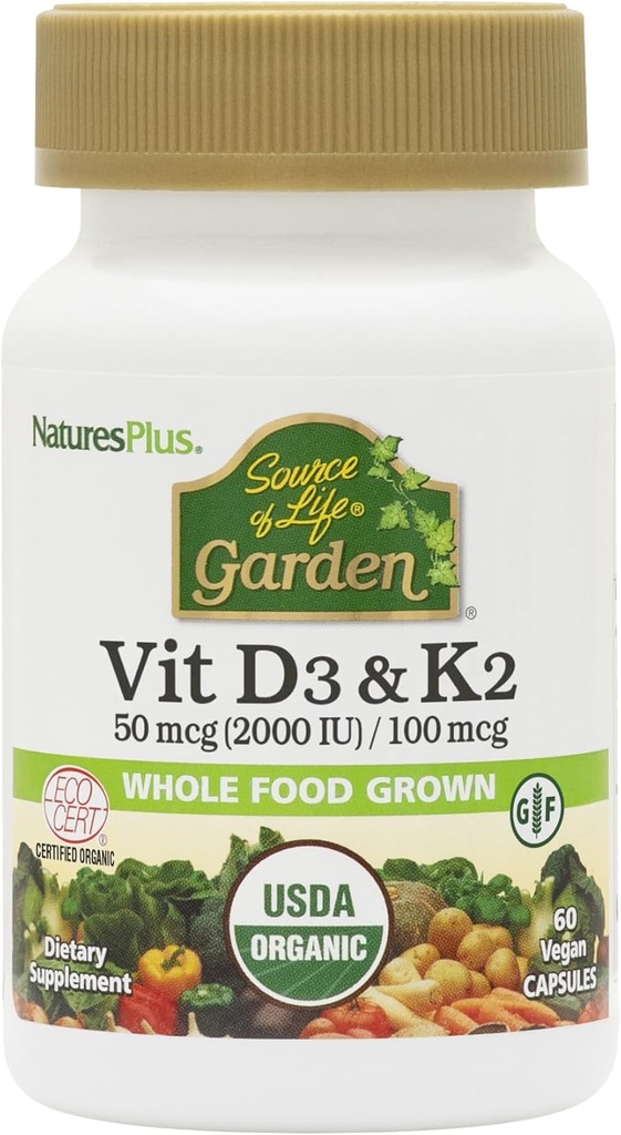 Natures Plus Source de vie Jardin Vitamine D3 & K2-60 Capsules végétaliennes - favorise le soutien des os, la fonction immunitaire, la santé cardiovasculaire et l'équilibre de l'humeur - végétalien, sans gluten - 60 portions