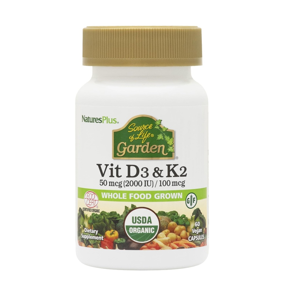 Natures Plus Source de vie Jardin Vitamine D3 & K2-60 Capsules végétaliennes - favorise le soutien des os, la fonction immunitaire, la santé cardiovasculaire et l'équilibre de l'humeur - végétalien, sans gluten - 60 portions